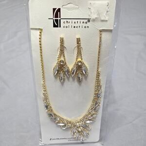 Christina Collection Gold Tone Crystal Rhinestone Necklace & Earring Set